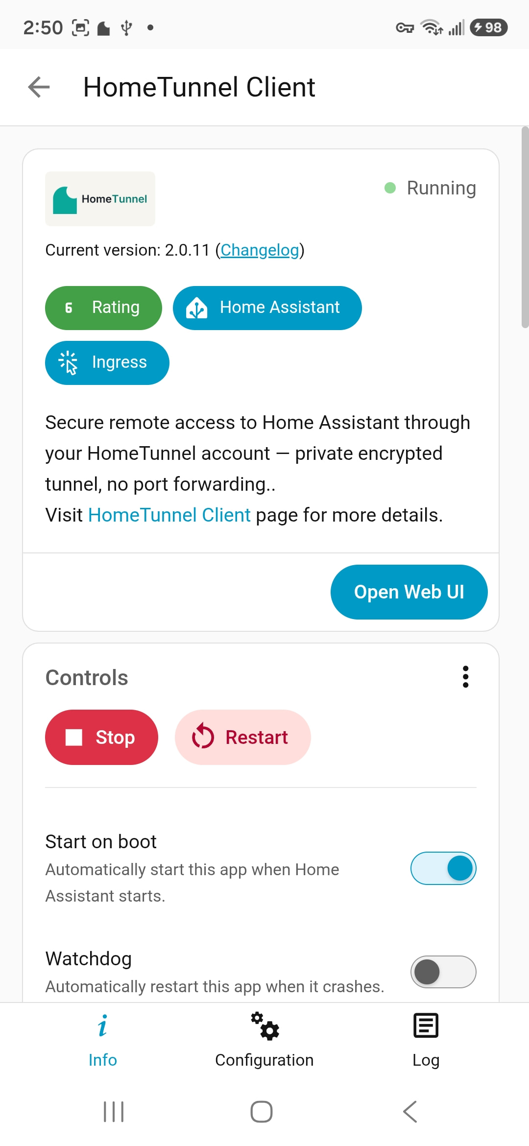 Home Assistant add-on details showing HomeTunnel Client running with start on boot enabled