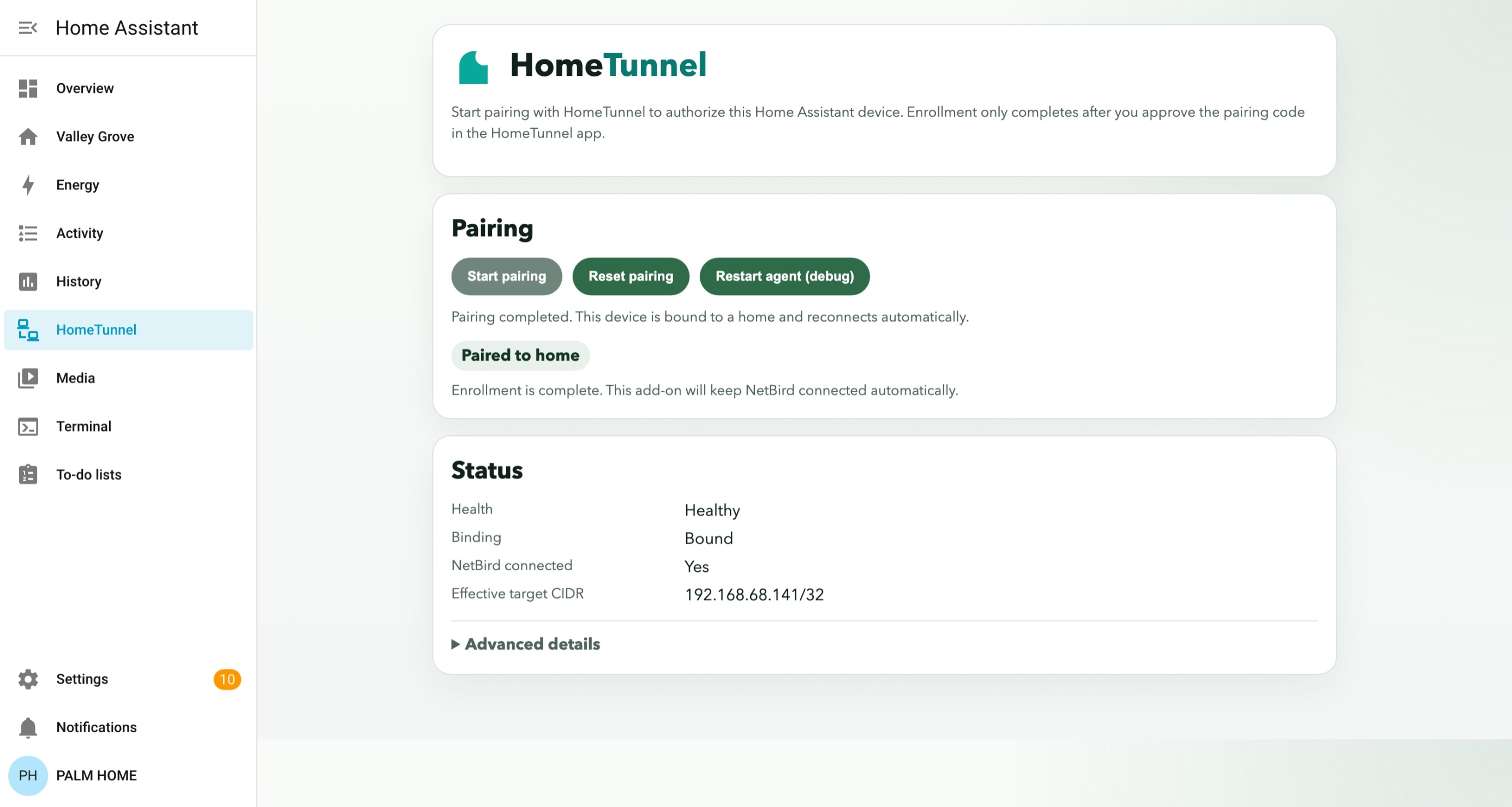 Home Assistant HomeTunnel add-on page showing a healthy paired connection and an effective target CIDR of a single host