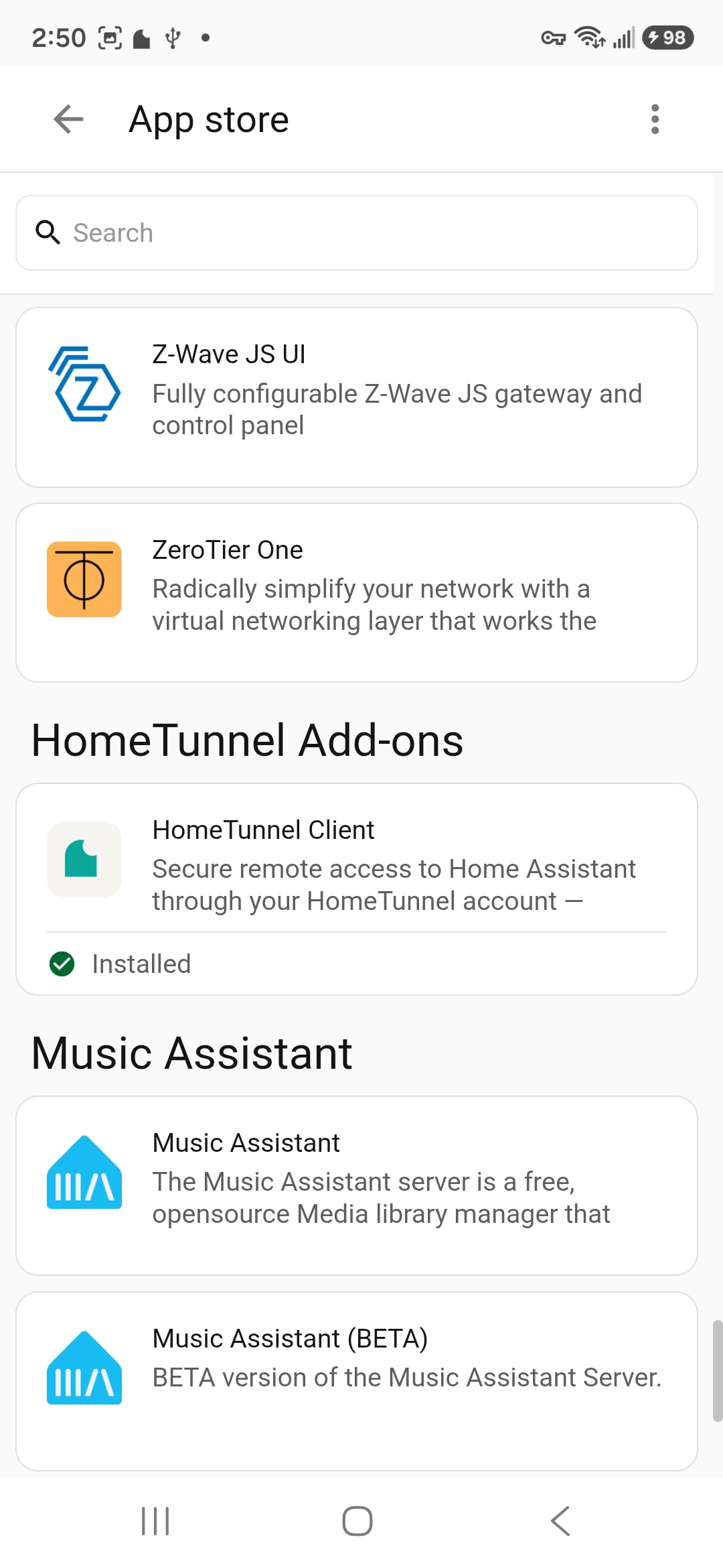 Home Assistant add-on store showing the installed HomeTunnel Client add-on