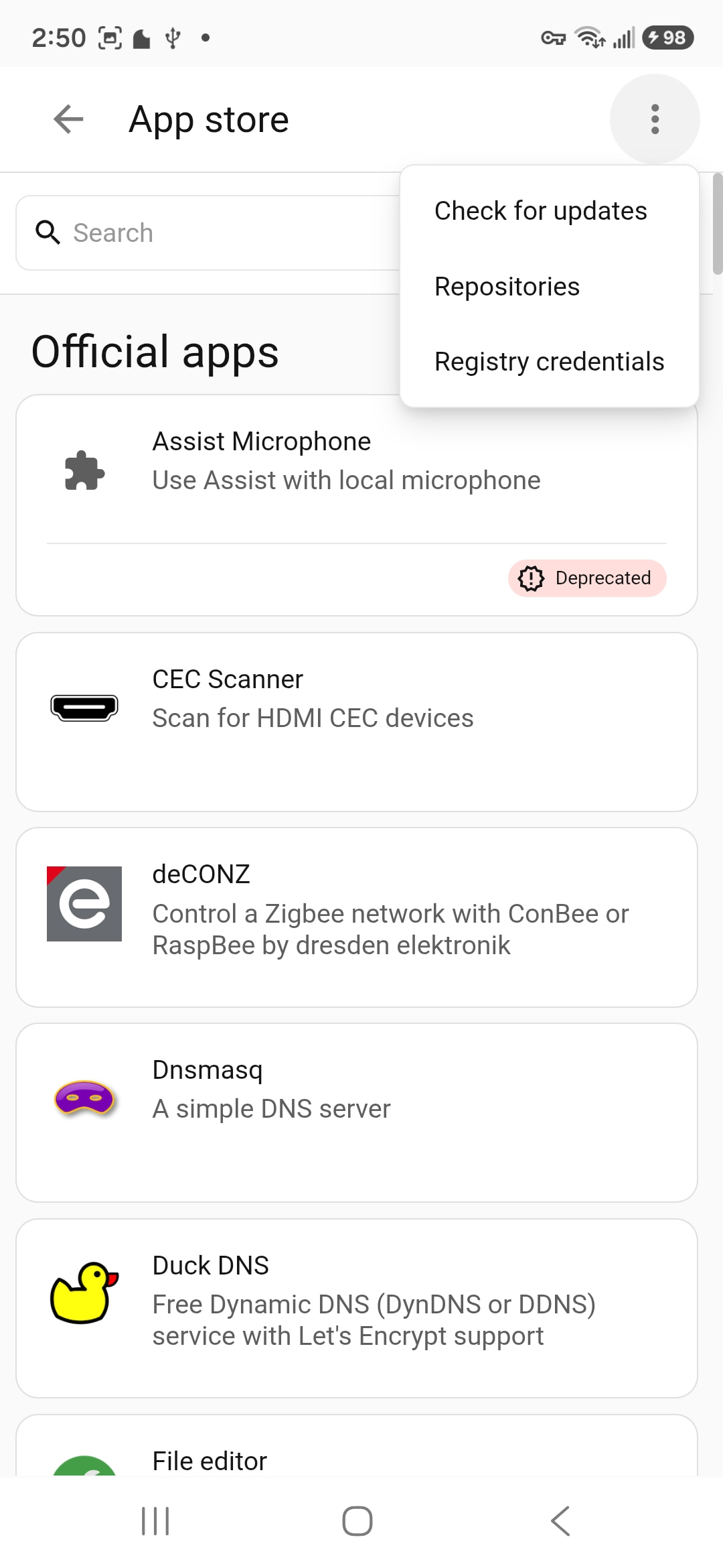 Home Assistant add-on store menu with Repositories selected