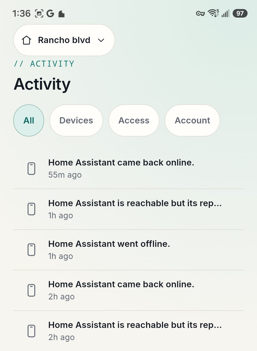 HomeTunnel app Activity tab showing Home Assistant going offline and coming back online, with filters for devices, access, and account events