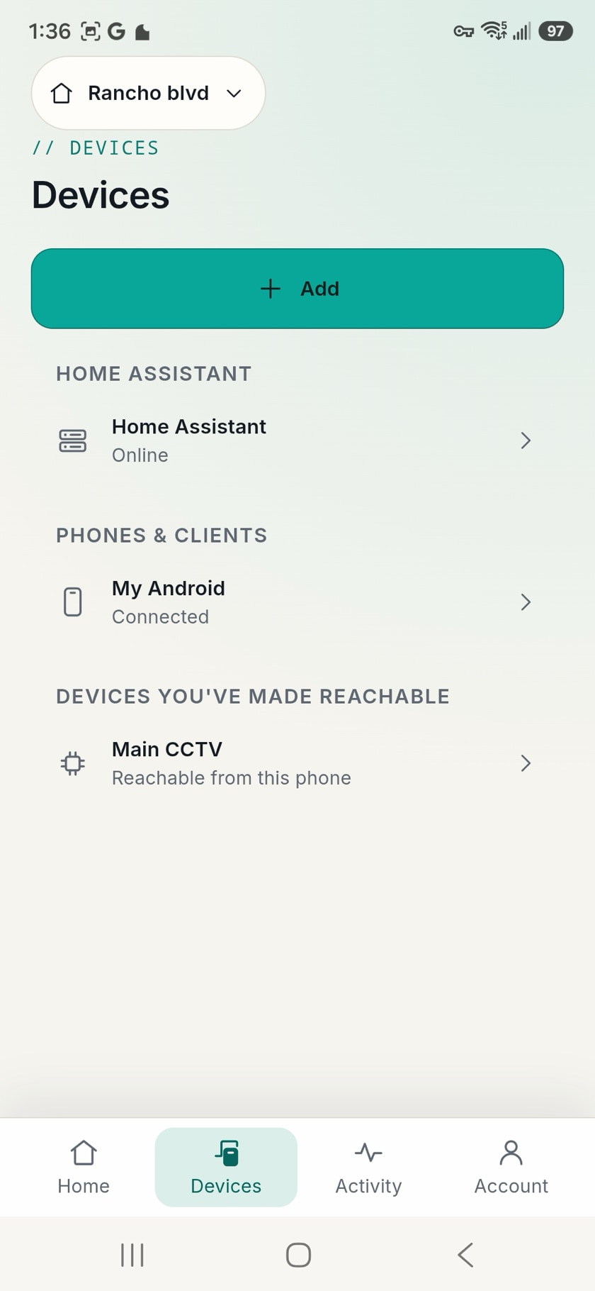 HomeTunnel app Devices tab listing Home Assistant, an enrolled phone, and a reachable camera