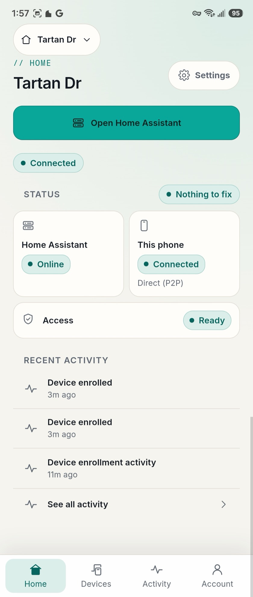 HomeTunnel app showing the home Tartan Dr connected directly peer-to-peer, Home Assistant online, and access ready