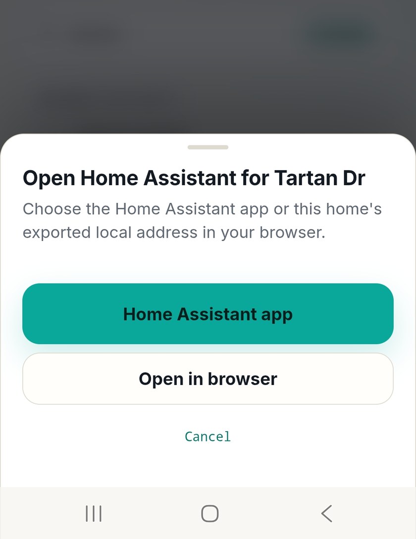 HomeTunnel app sheet offering to open Home Assistant in the Home Assistant app or in a browser