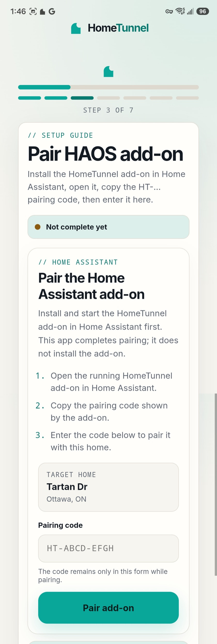 HomeTunnel app pairing step showing the target home and a field for the add-on pairing code
