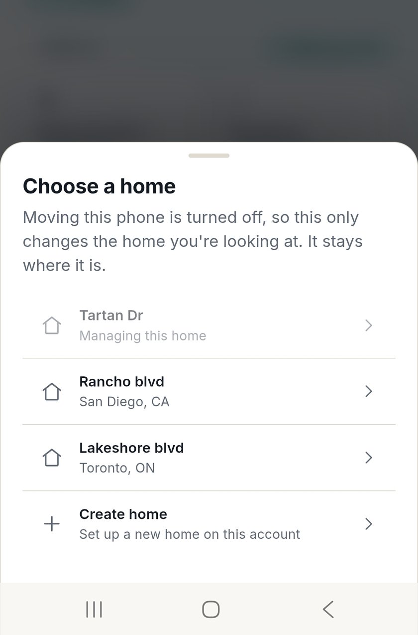 HomeTunnel app home chooser listing three homes on one account
