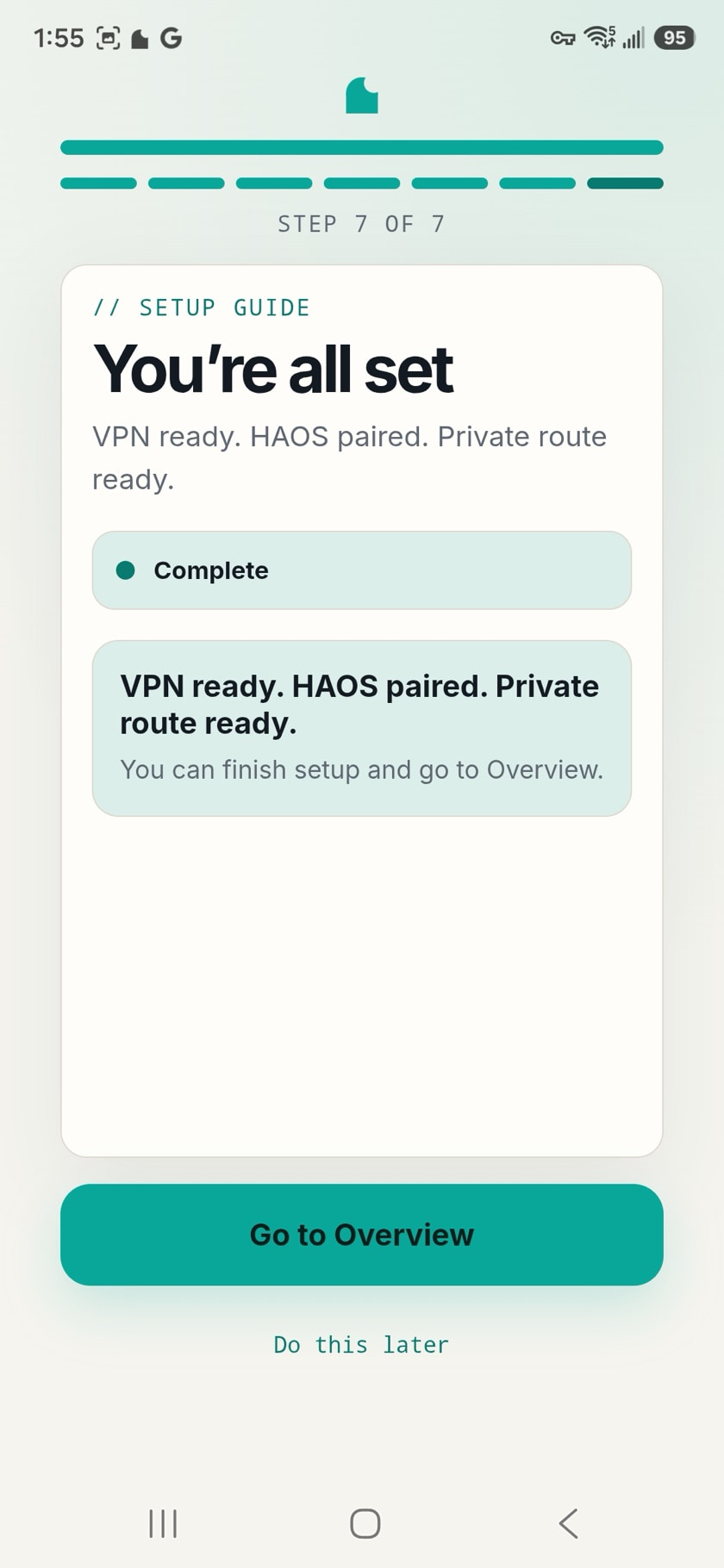 HomeTunnel setup confirmation showing VPN ready, Home Assistant paired, and private route ready
